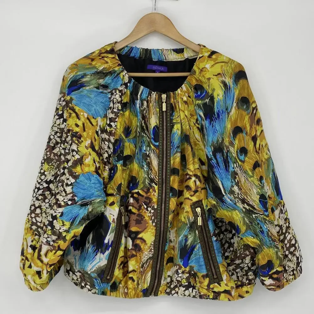 INDIKKA 100% Silk Vibrant Peacock Print Bomber Jacket Wms sz XL